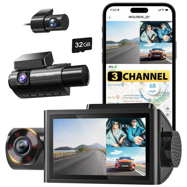 Imagem de Dash Cam WOLFBOX i07 3 canais 4K+1080P com GPS WiFi de 32 GB