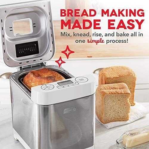 Imagem de Dash Everyday Stainless Steel Bread Maker, Até 1.5lb Loaf, Programável, 12 Configurações + Dispensador de Enchimento Sem Glúten e Automático - Branco