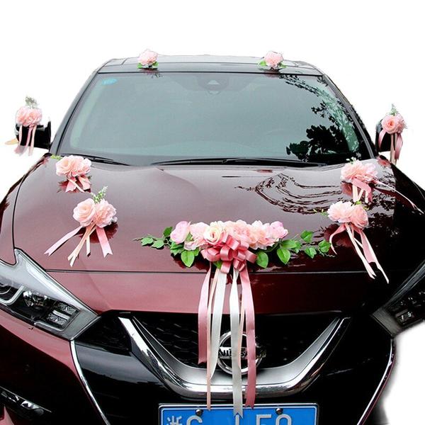 Imagem de Decoração de carro de casamento, flor artificial, seda, rosa, champanhe