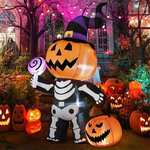 Imagem de Decoração de Halloween Inflável - Crânio, Fantasma e Abóbora (1,8m) com Luzes LED