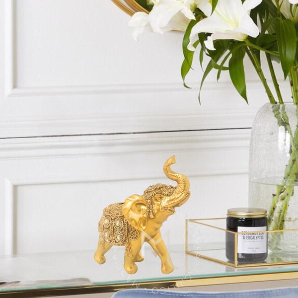 Imagem de Decoração de Mesa para Sala Rack - 11 Cm - Estatueta Elefante Dourado Indiano Luxo