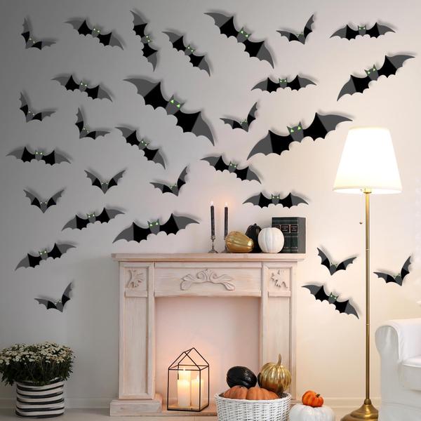 Imagem de Decoração de parede Vecvek 100 unidades de morcegos 3D de Halloween com olhos brilhantes