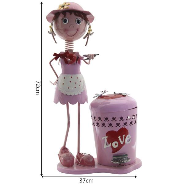 Imagem de Decoração Enfeite Boneca Escultura de Metal com Lixeira Pedal Menina Rosa