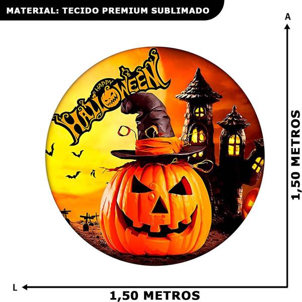 Imagem de Decoração Festa Halloween Painel Redondo Sublimado Grande Tecido Premium Com Aboboras 1,50 cm + Suporte