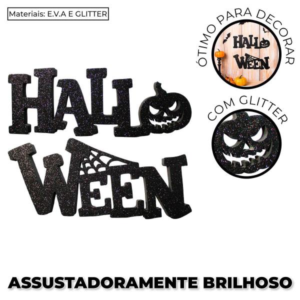 Imagem de Decoração Halloween Brilhante EVA Grosso 72cm Letreiro Preto Com Abobora e Teia de Aranha