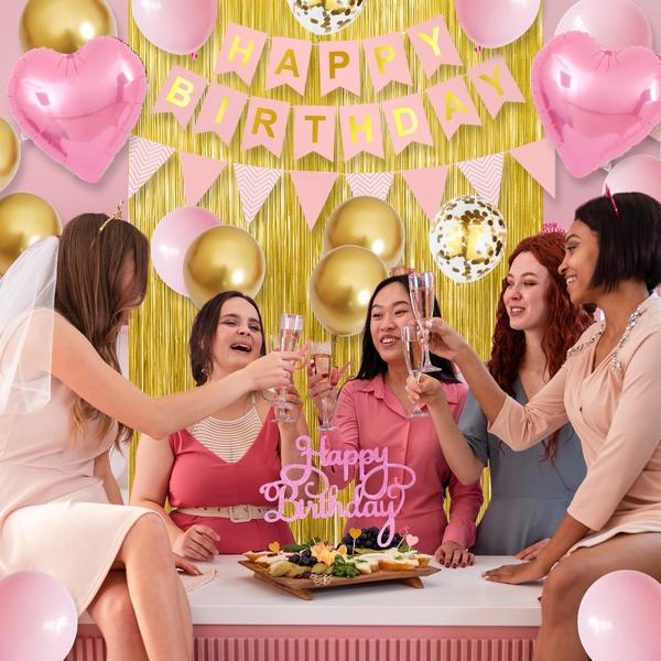 Imagem de Decorações de aniversário em ouro rosa para meninas, decorações de feliz aniversário para mulheres, cortina com franjas douradas, banner de feliz aniversário, balões de papel alumínio rosa para decorações de festa de aniversário