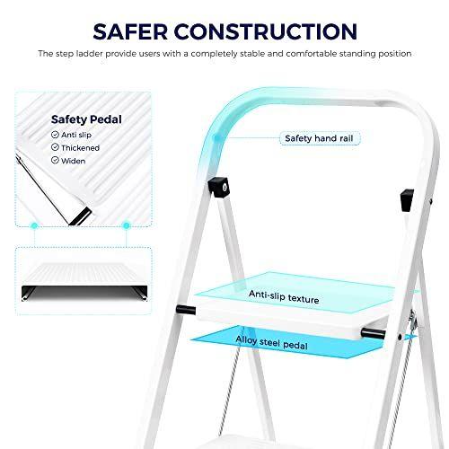 Imagem de Delxo Folding Step Ladder 2 Step Stool for Adults with Handgrip Anti-Slip Wide Pedal,330Lbs Heavy-Duty White Small Step Stool Ladder for Kitchen Closet Portable Lightweight Robusty 2 feet Step Ladder