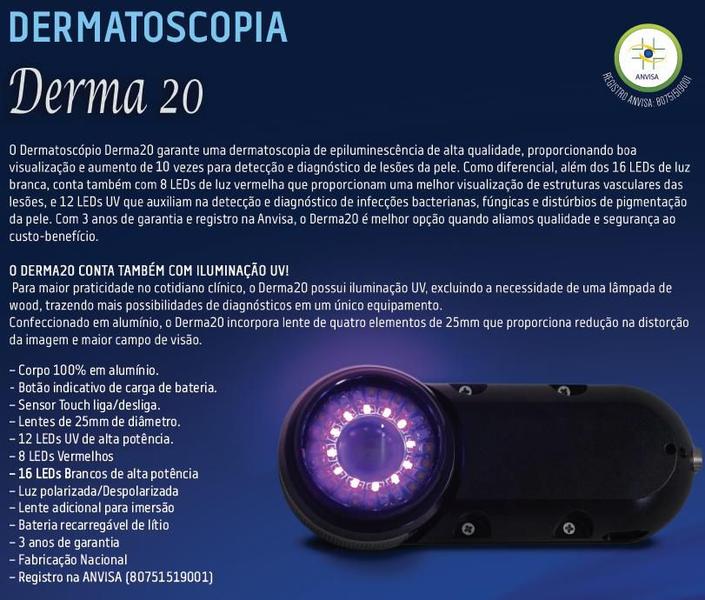 Imagem de Dermatoscópio Derma 20 Led Dermatologistas Clínicos Cirurgiões Dermatoscopia Uv Azul