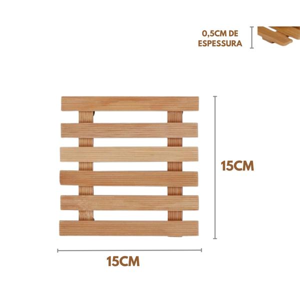 Imagem de Descanso de Panela de Bambu Kit Descanso de Panela Quadrado e Redondo 4 Unidades