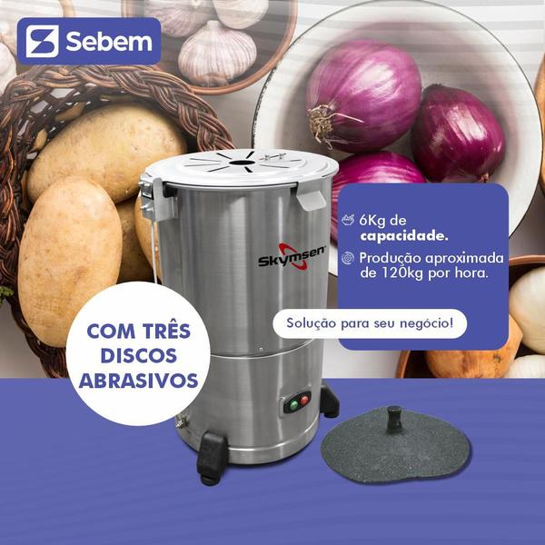 Imagem de Descascador Inox 6Kg Batata Skymsen com mais 2 Discos Abrasivos para Alho e Cebola