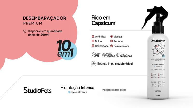 Imagem de Desembaraçador Premium 10 em 1 Studio Pets para Cães e Gatos Vegano 200 ml