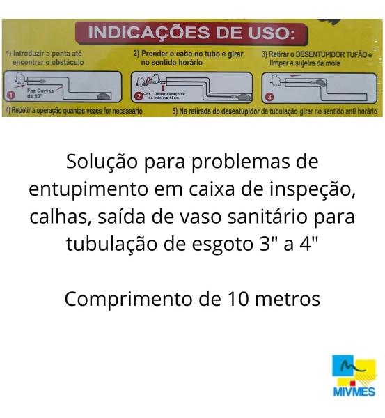 Imagem de Desentupidor Manual Tufão Aço 10m p/ Ralos Tanque Banheiro Caixas de Inspeção Calhas  Saídas de Vaso Sanitário Tubulação de Esgoto Tubulações