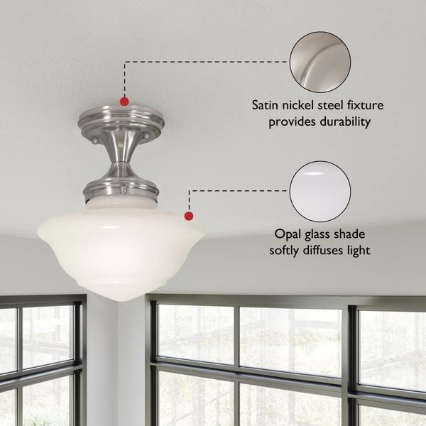 Imagem de Design House 577494 Schoolhouse Modern Vintage Farmhouse Indoor Dimmable Ceiling Light com Vidro Branco para Área de Jantar de Cozinha, Níquel de Cetim