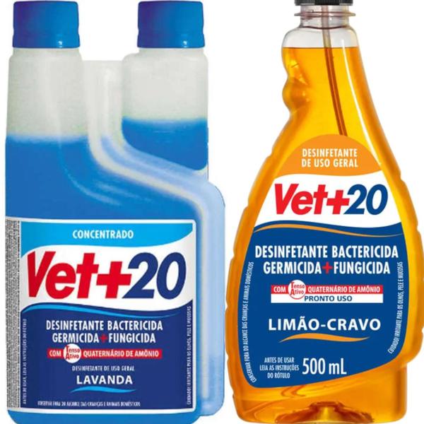 Imagem de Desinfetante Bactericida Concentrado Cães Casa Vet+20 1litro + Vet+20 500ml