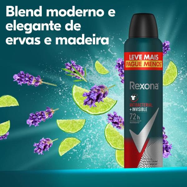 Imagem de Desodorante Antitranspirante Aerosol Rexona Men Antibacterial + Invisible 72h 250ml