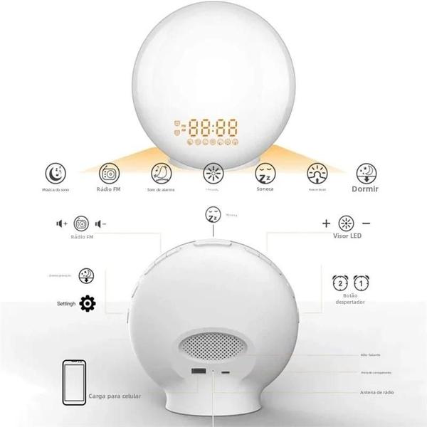 Imagem de Despertador com Luz de Acordar (7 Cores) - Rádio FM, Alarmes Duplos, Soneca e Sons Naturais