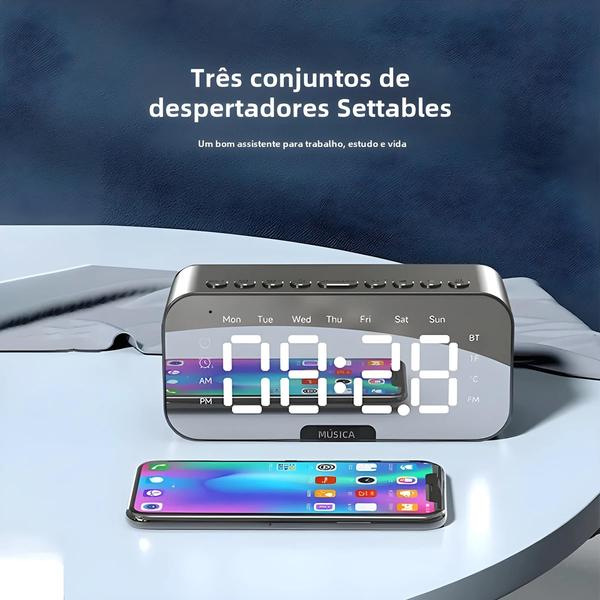 Imagem de Despertador Digital Bluetooth com LED, Alto-falante, Espelho, Temperatura e Rádio FM