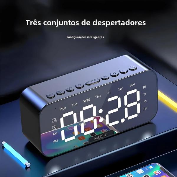 Imagem de Despertador Digital Bluetooth com LED, Alto-falante, Espelho, Temperatura e Rádio FM