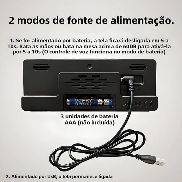 Imagem de Despertador Digital Com Controle De Voz LED Modo Noturno Snooze Temperatura Anti-Disturb 12/24H