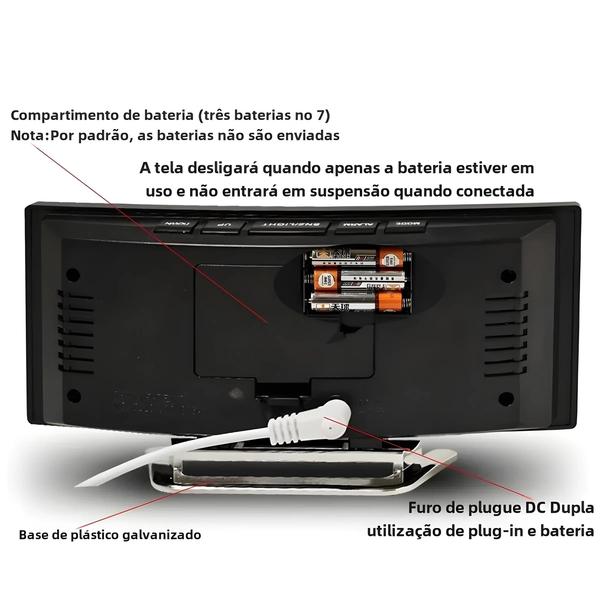 Imagem de Despertador Eletrônico Curvo com Tela Grande LED - Função Espelho - Bateria e Plug-in