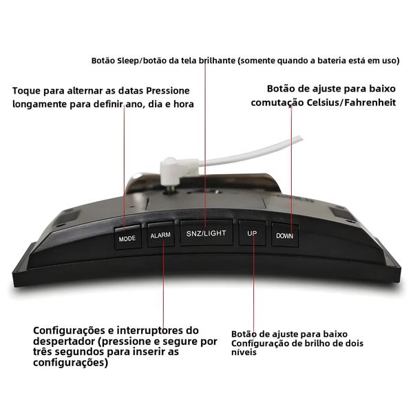 Imagem de Despertador Eletrônico Curvo com Tela Grande LED - Função Espelho - Bateria e Plug-in