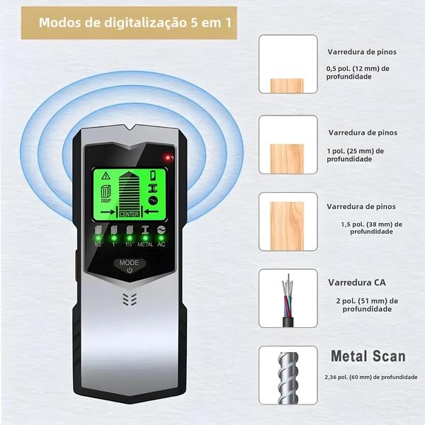 Imagem de Detector de Arame 5 em 1 SH402 - Localizador de Pinos de Parede LCD para Madeira, Metal e Fios Elétricos