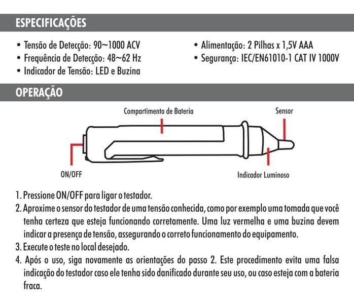 Detector Elétrico Portátil 90v a 1000v Cat 4 Pratico Minipa - Minipa do Brasil Imagem de Detector Elétrico Portátil 90v a 1000v Cat 4 Pratico Minipa