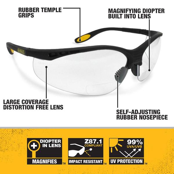 Imagem de Dewalt DPG59-125C Reforçador Rx-Bifocal 2.5 Lentes Transparentes Óculos de Segurança Protetores de Alto Desempenho com Têmporas de Borracha e Manga de Óculos de Proteção