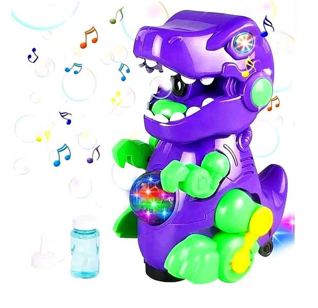 Imagem de Dinossauro de Brinquedo Solta Bolhas Dino Bubble Com Som Luzes e Movimentos Gira 360