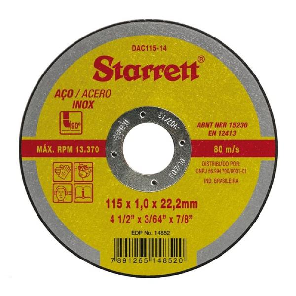 Imagem de Disco corte 115,0mm (4.1/2 ) x 1,0 x f22 p/inox starrett dac115-14