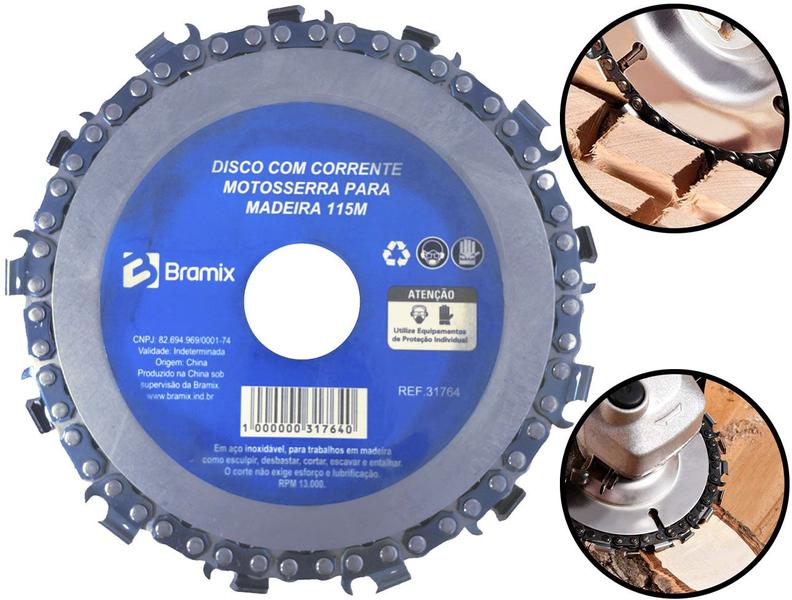 Imagem de Disco Corte Desbaste Madeira Corrente Motosserra Para Esmerilhadeira Lixadeira 115mm Bramix 