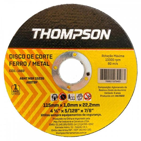 Imagem de Disco Corte Ferro Thompson 4.1/2''X5/128''X7/8'' - Fino 1,0Mm - 1660 - Kit C/10 Peças