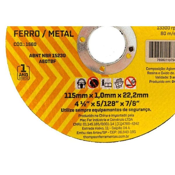 Imagem de Disco Corte Ferro Thompson 4.1/2''X5/128''X7/8'' - Fino 1,0Mm - 1660 - Kit C/10 Peças