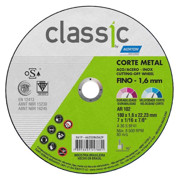 Imagem de Disco Corte Inox E Metal Ar102 180x1,6x22,23 Classic Norton