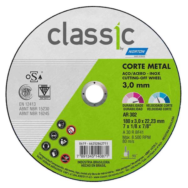 Imagem de Disco Corte Inox E Metal Ar302 180x3,0x22,23 Classic Norton