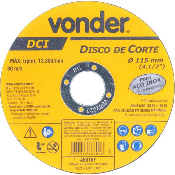 Imagem de Disco de Corte 115 mm x 1,0 mm x 22,23 mm Dci Inox Vonder