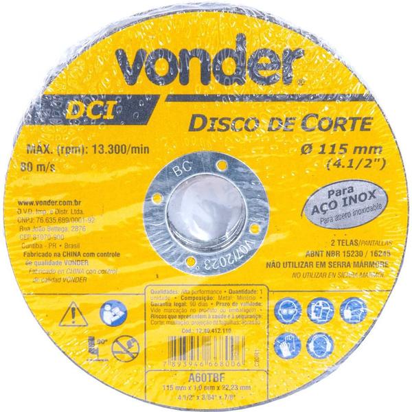 Imagem de Disco de Corte 115 mm x 1,0 mm x 22,23 mm Dci Inox Vonder