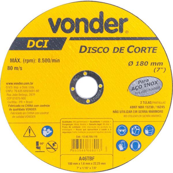 Imagem de Disco de Corte 180 mm x 1,6 mm x 22,23 mm Dci Inox Vonder