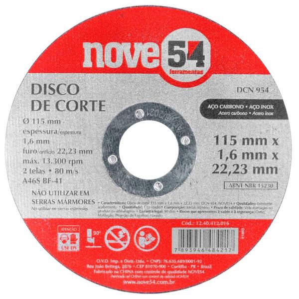 Imagem de Disco de Corte DCN Nove54 115x1,6x22,23 mm para Cortar Metais Aço Inox
