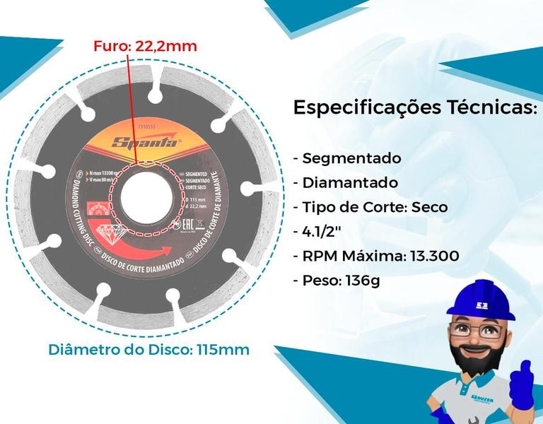 Imagem de Disco De Corte Diamantado Liso Seco Pedra Granito Serra Mármore Makita Bosch Profissional 115mm