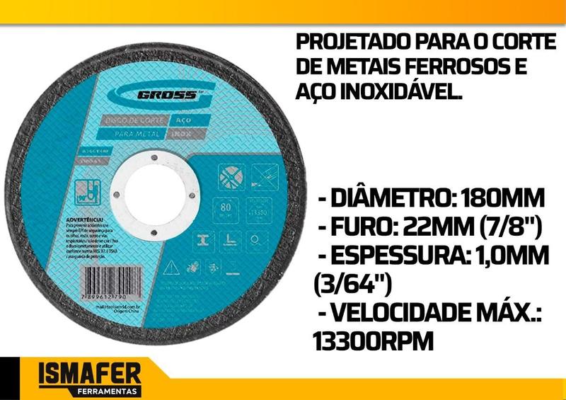 Imagem de Disco De Corte Fino Inox 7 180mm X 1,0 Esmerilhadeira 20 Pçs