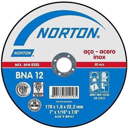 Imagem de Disco De Corte Inox 178 x 1,6 x 22mm BNA12 - Norton