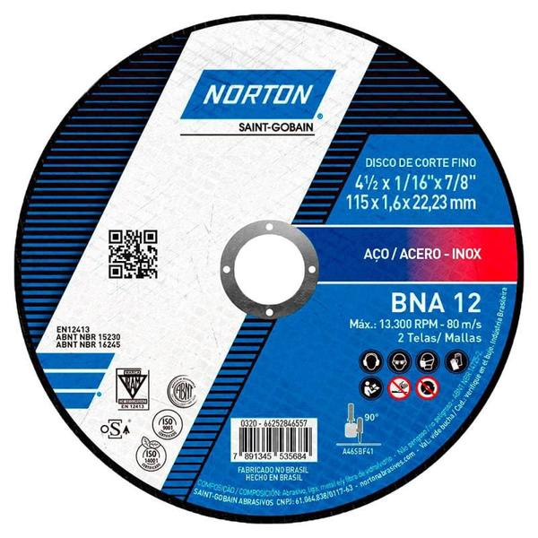 Imagem de Disco de Corte Inox 4.1/2 Pol x 1,66MM Kit Com 5 Unidades BNA 12 NORTON