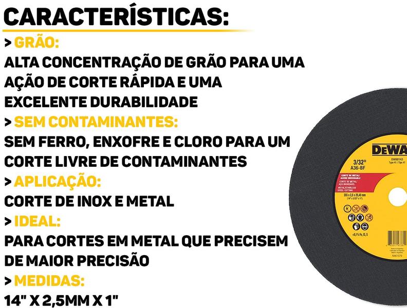 Imagem de Disco De Corte Inox Para Esmerilhadeira Cortes Espessos 14 x 2,5 x 1 Polegada Dewalt Profissional