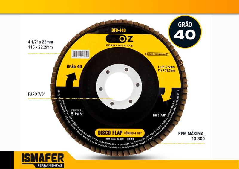 Imagem de Disco De Desbaste Flap 4.1/2 115mm x 22,2mm - Grão 40 - Oz