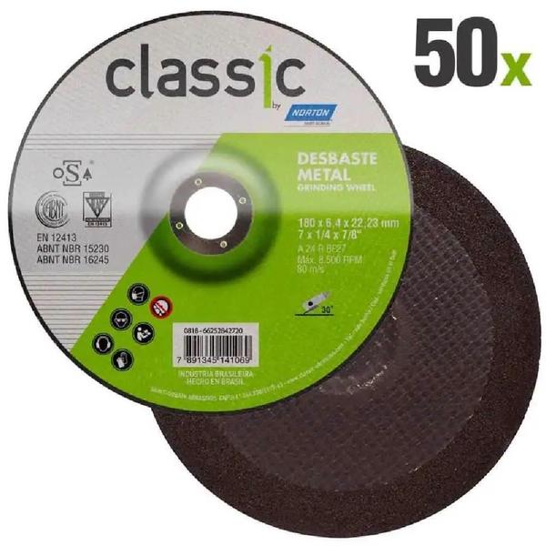 Imagem de Disco de Desbaste Metal 7 POL x 6.4 MM Furo 7/8 POL Classic Kit 50 Peças NORTON