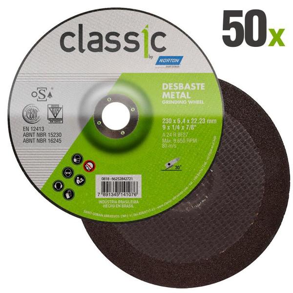 Disco de Desbaste Metal 9 POL x 6,4 MM Furo 7/8 POL Classic Kit 50 Peças NORTON Imagem de Disco de Desbaste Metal 9 POL x 6,4 MM Furo 7/8 POL Classic Kit 50 Peças NORTON