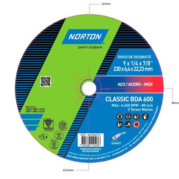 Imagem de Disco de Desbaste Norton Classic BDA600, 230 x 6,4 x 22,23 mm