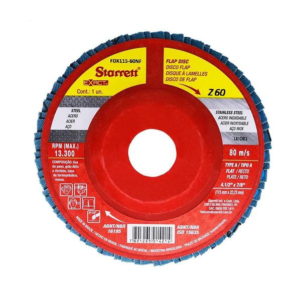 Disco de Lixa Flap 4.1/2 POL Grana 60 Com 5 Unidades STARRETT Imagem de Disco de Lixa Flap 4.1/2 POL Grana 60 Com 5 Unidades STARRETT