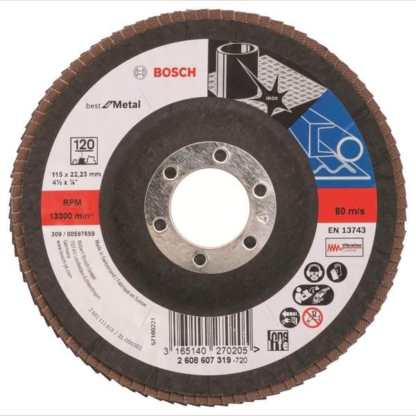 Imagem de Disco de Lixa Flap Disc 4 1/2" Grana 120 para Metal, Aço Inox e Chapa de Aço Bosch Curvo Best For Me